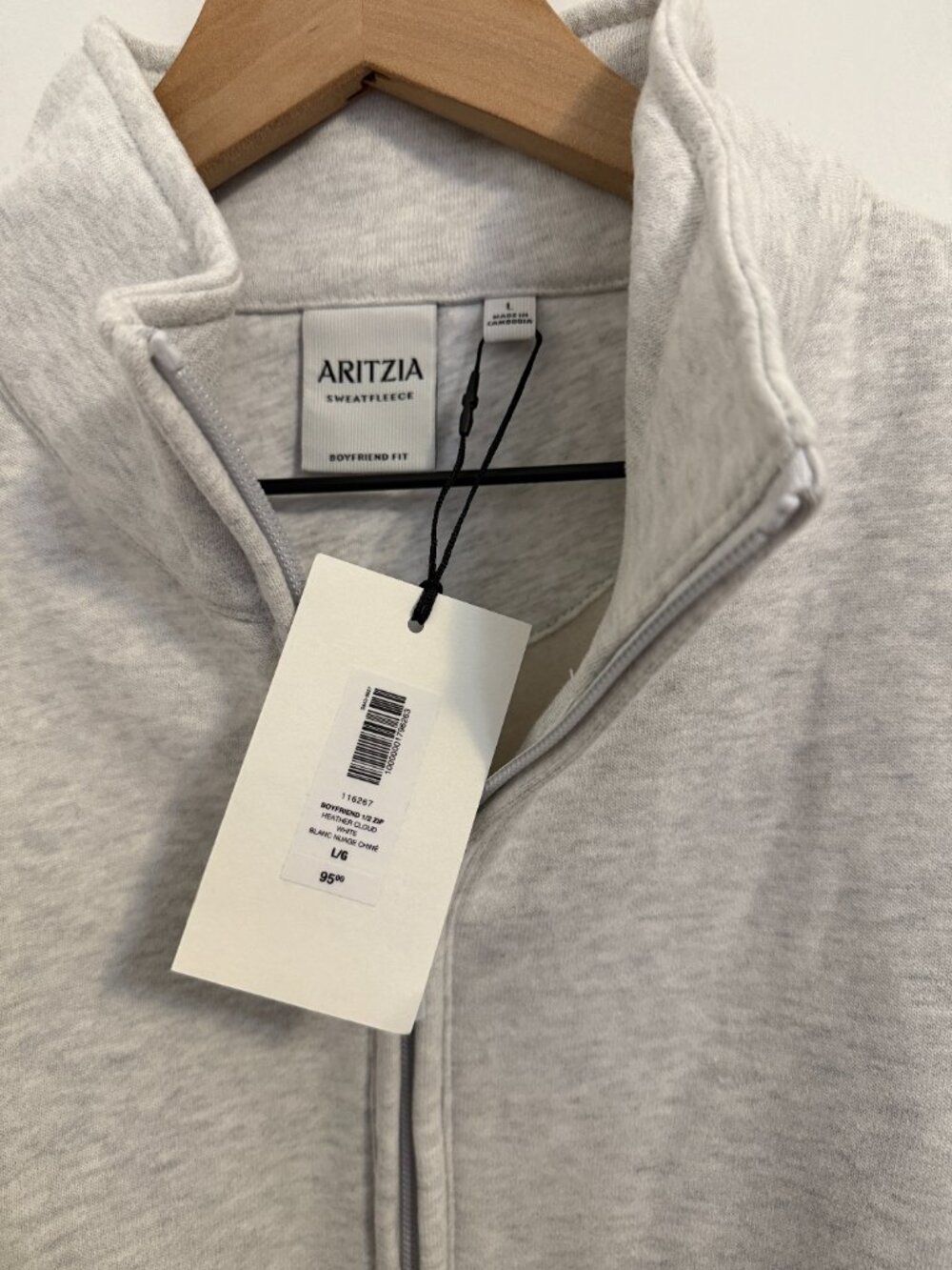 Aritzia Cozy Boyfriend 1/2 Zip Sweatshirt | Heather Cloud White | Size L - Picture 2 of 6